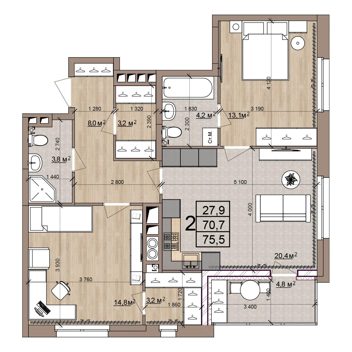 2-комнатная 75 м2 в ЖК Окская стрелка корпус null этаж 2