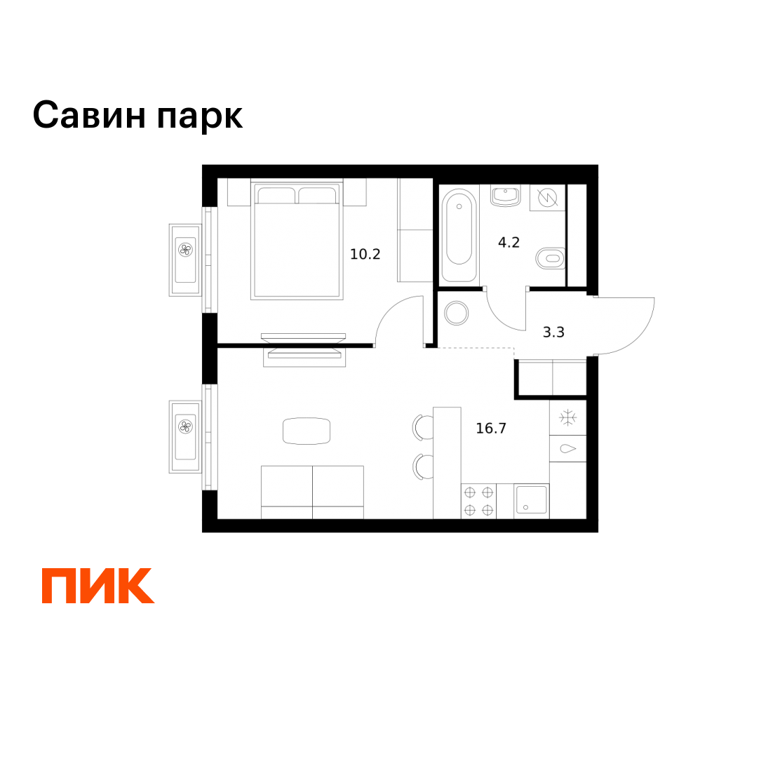 1-комнатная 34 м2 в ЖК Савин парк корпус null этаж 12