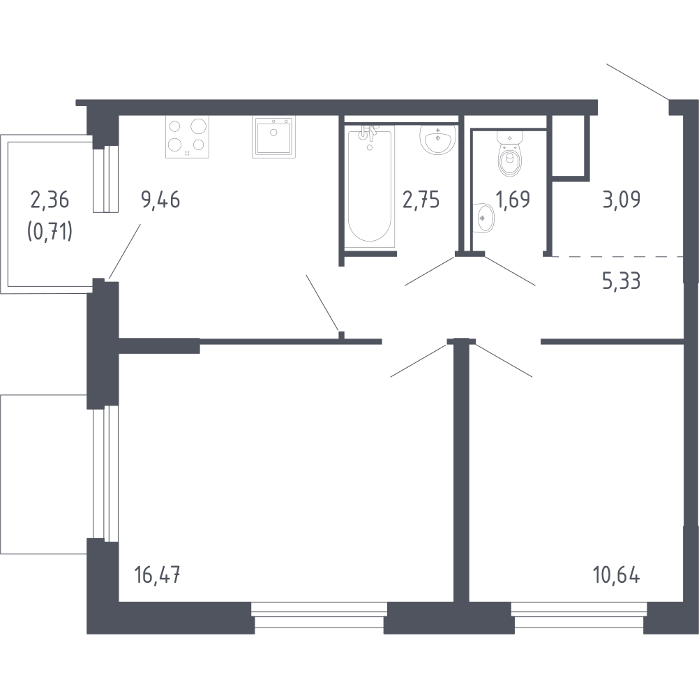 2-комнатная 50 м2 в ЖК Сердце Сахалина корпус null этаж 14