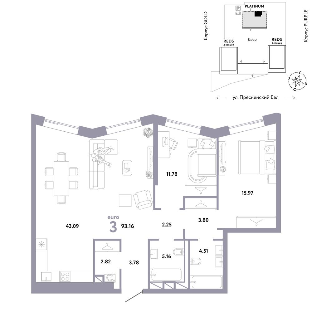 3-комнатная 93 м2 в ЖК Republic корпус null этаж 23