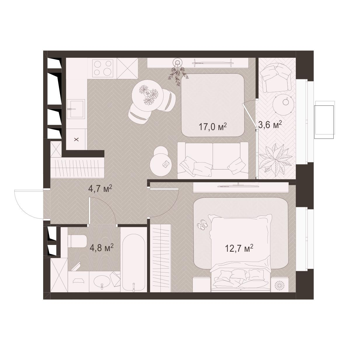 1-комнатная 42 м2 в ЖК Гранд Комфорт-3 корпус null этаж 13