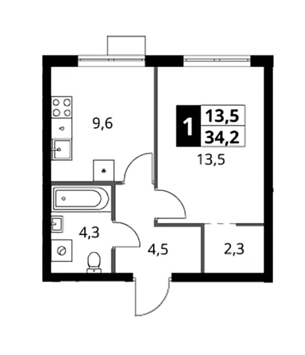 1-комнатная 34.2 м2 в ЖК undefined корпус null этаж 7