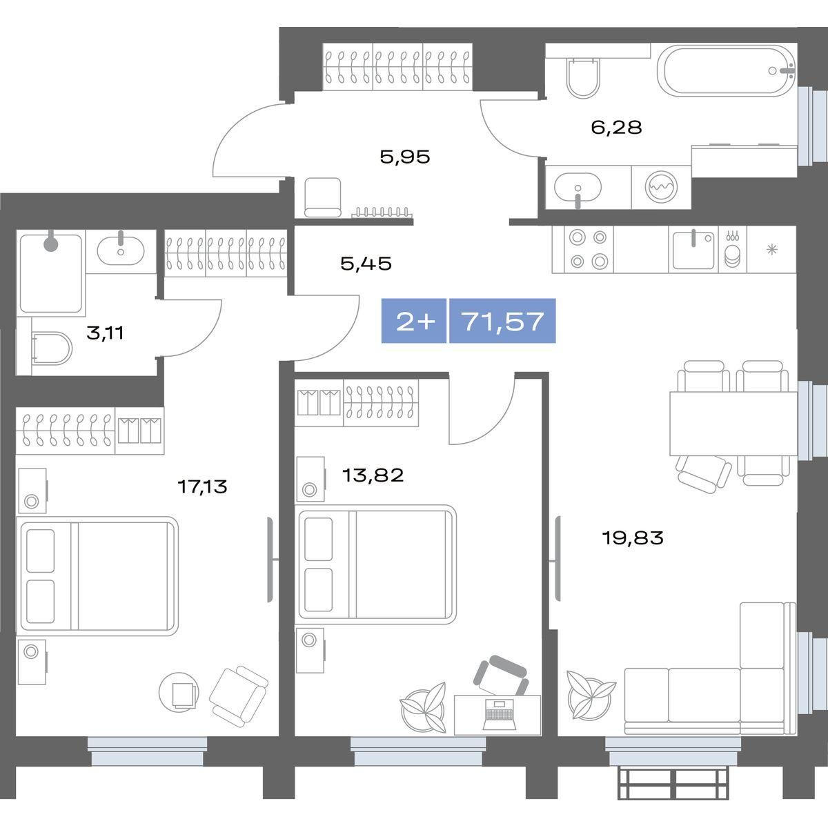 2-комнатная 70 м2 в ЖК Толк Медный корпус null этаж 3
