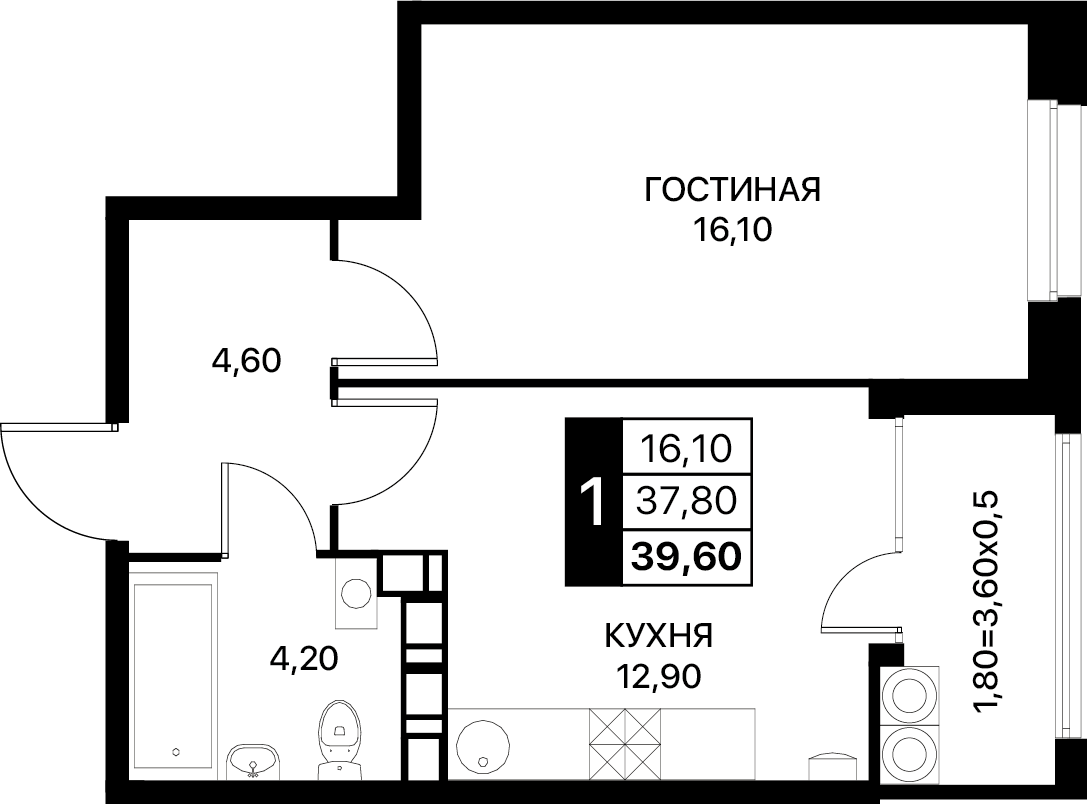 1-комнатная 39 м2 в ЖК SmartPolet корпус null этаж 15