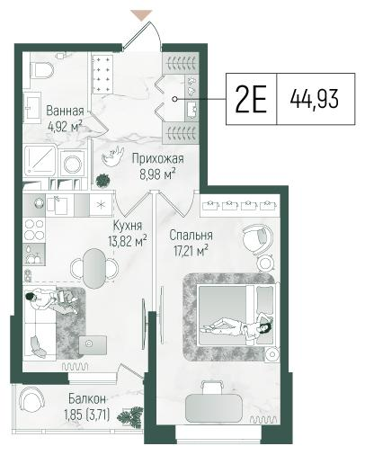 1-комнатная 46 м2 в ЖК Рига Хиллс корпус null этаж 9