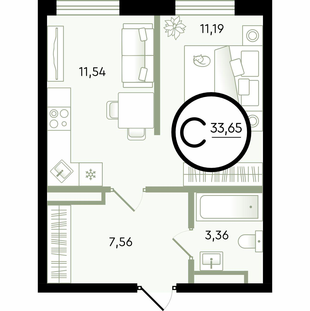 1-комнатная 33 м2 в ЖК Зеленые Аллеи корпус null этаж 3