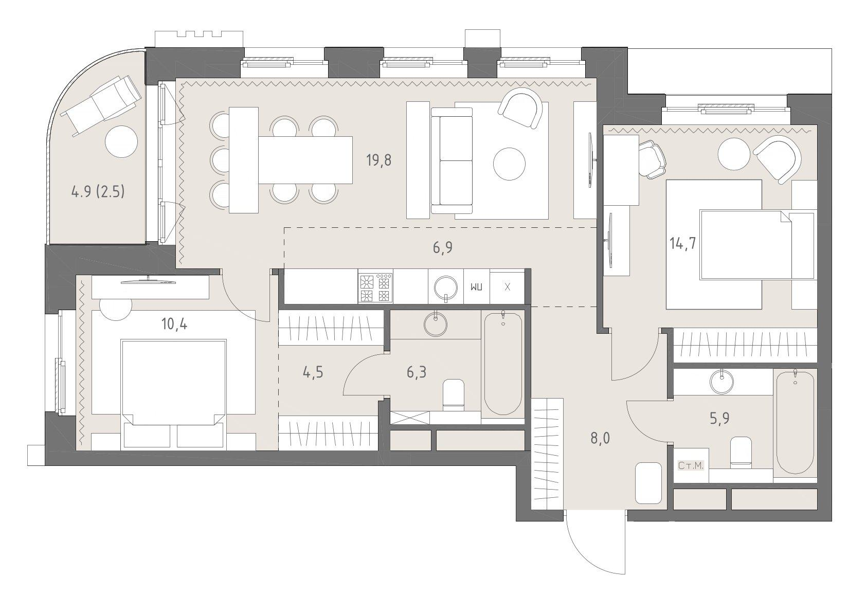 3-комнатная 79 м2 в ЖК Родина парк корпус null этаж 4