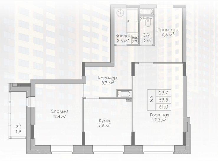 2-комнатная 61 м2 в ЖК undefined корпус null этаж 12