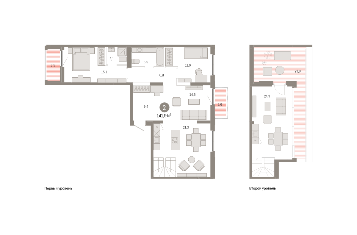 2-комнатная 141 м2 в ЖК Зарека корпус null этаж 7
