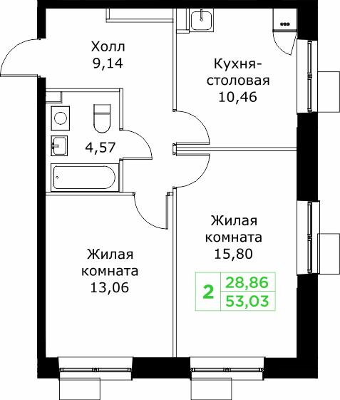 2-комнатная 53 м2 в ЖК Кит корпус null этаж 14