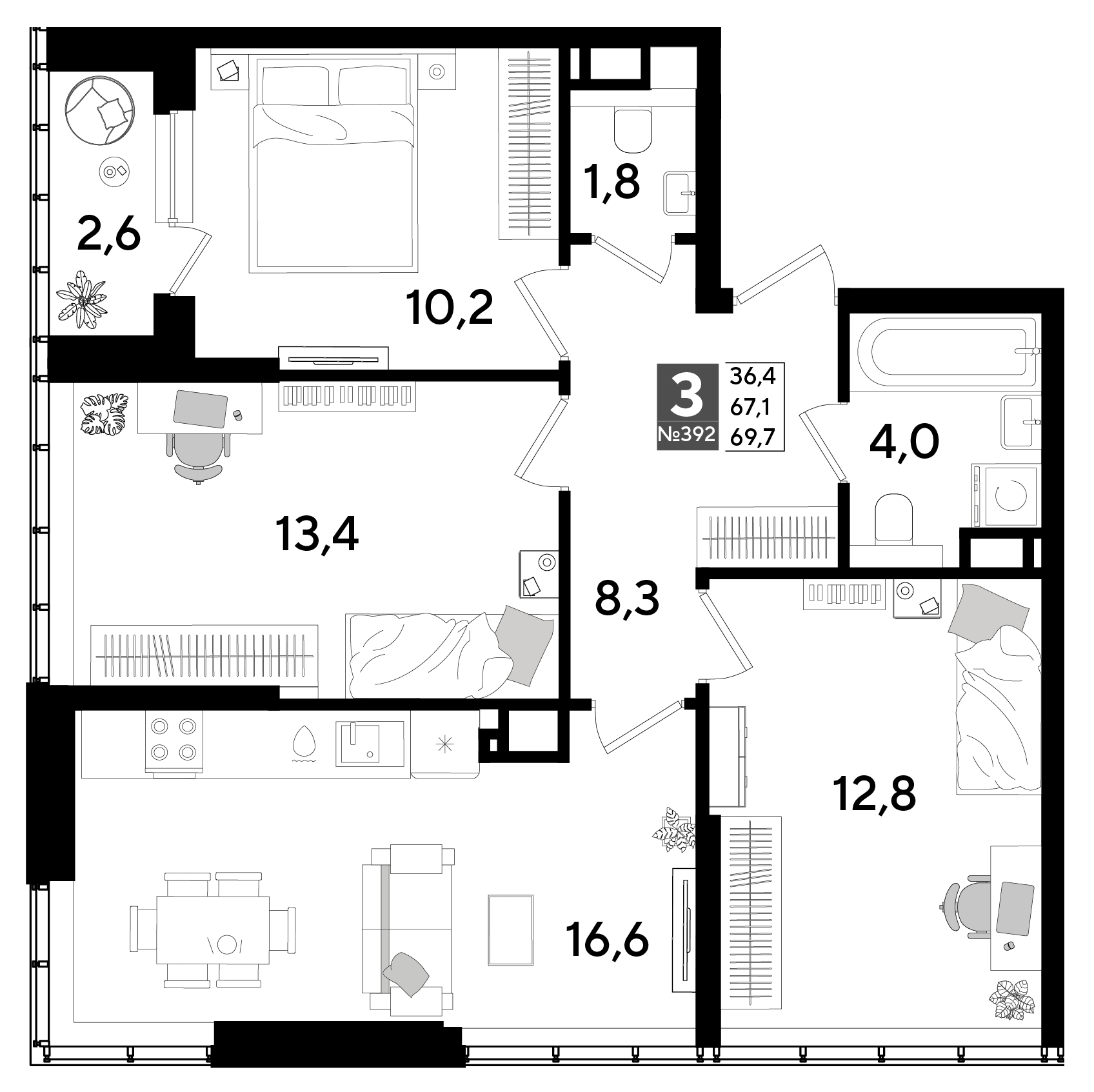 3-комнатная 69 м2 в ЖК Dogma Park корпус null этаж 15