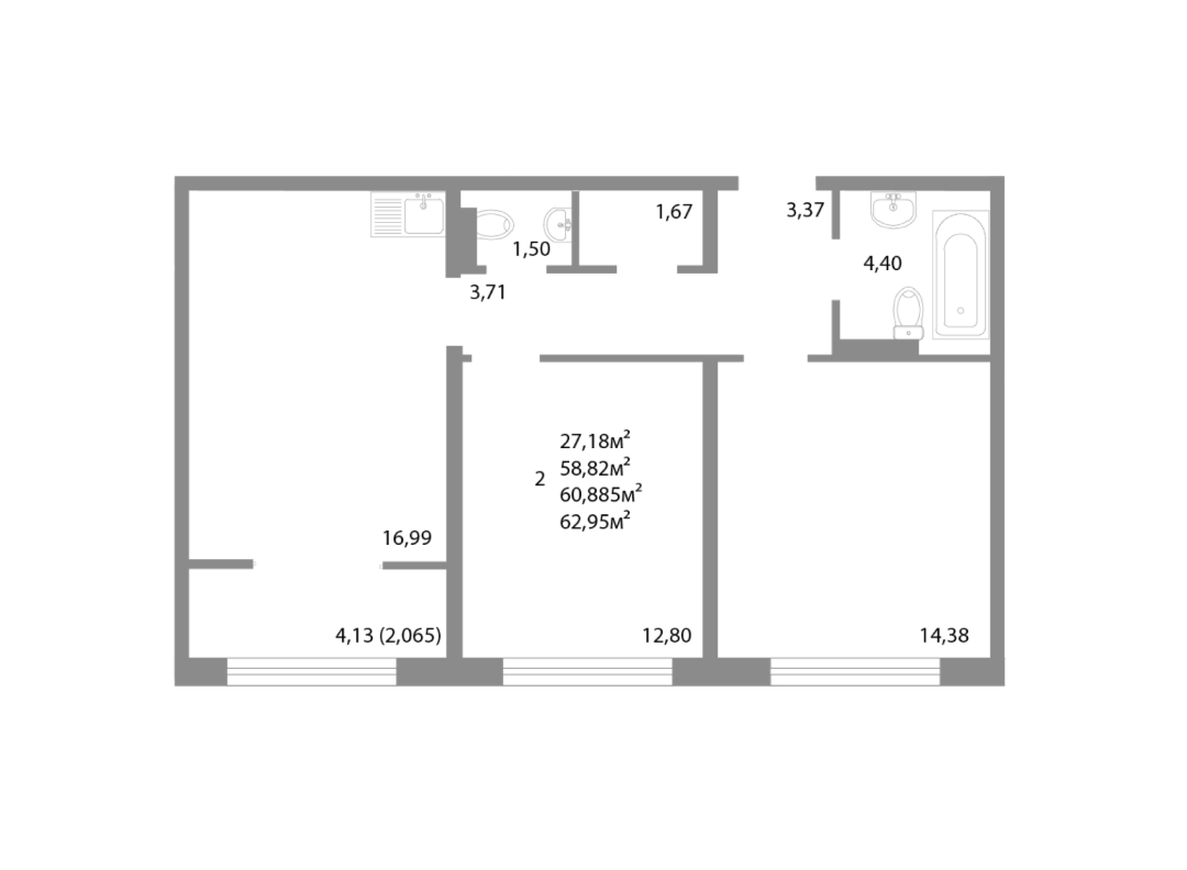 2-комнатная 60.9 м2 в ЖК undefined корпус null этаж 8