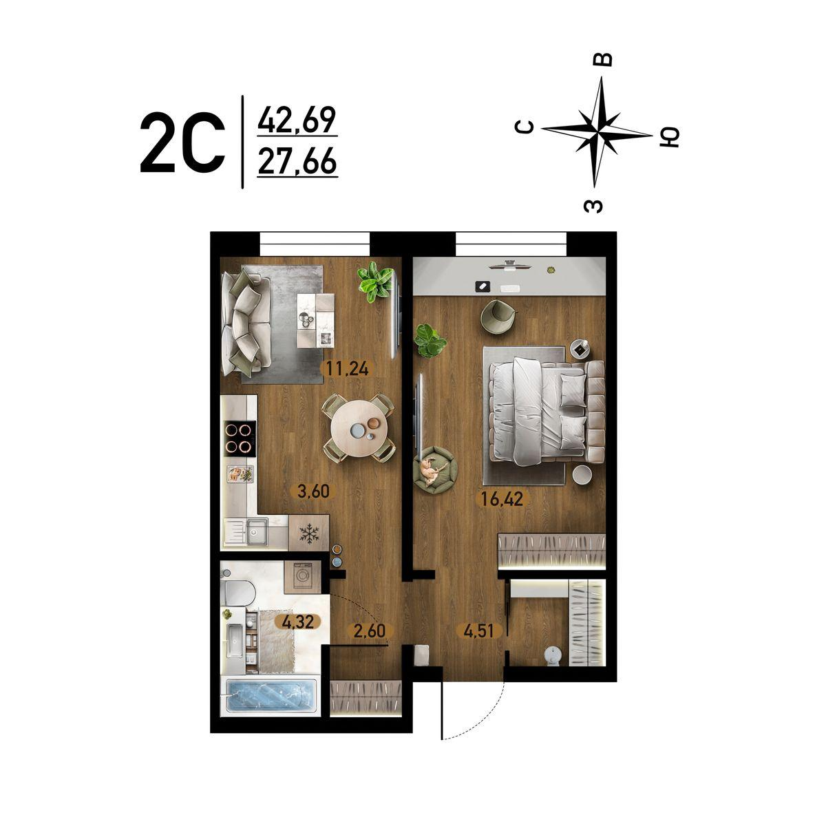 2-комнатная 42 м2 в ЖК Радуга Сибири корпус null этаж 1