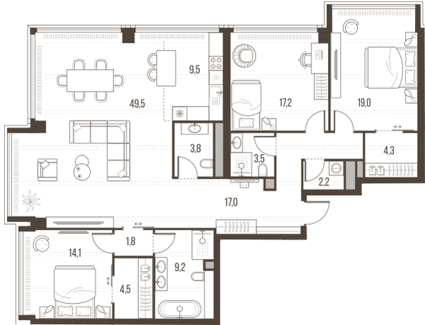 4-комнатная 155 м2 в ЖК High Life корпус null этаж 46
