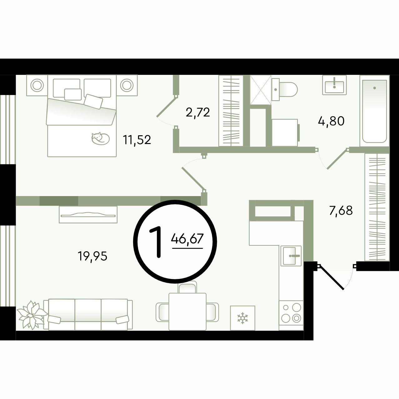 1-комнатная 46 м2 в ЖК Зеленые Аллеи корпус null этаж 4
