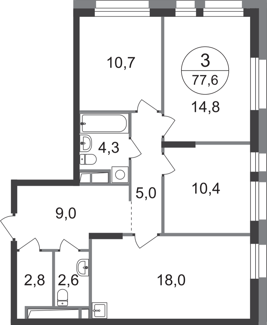 3-комнатная 77 м2 в ЖК Первый Московский корпус null этаж 14