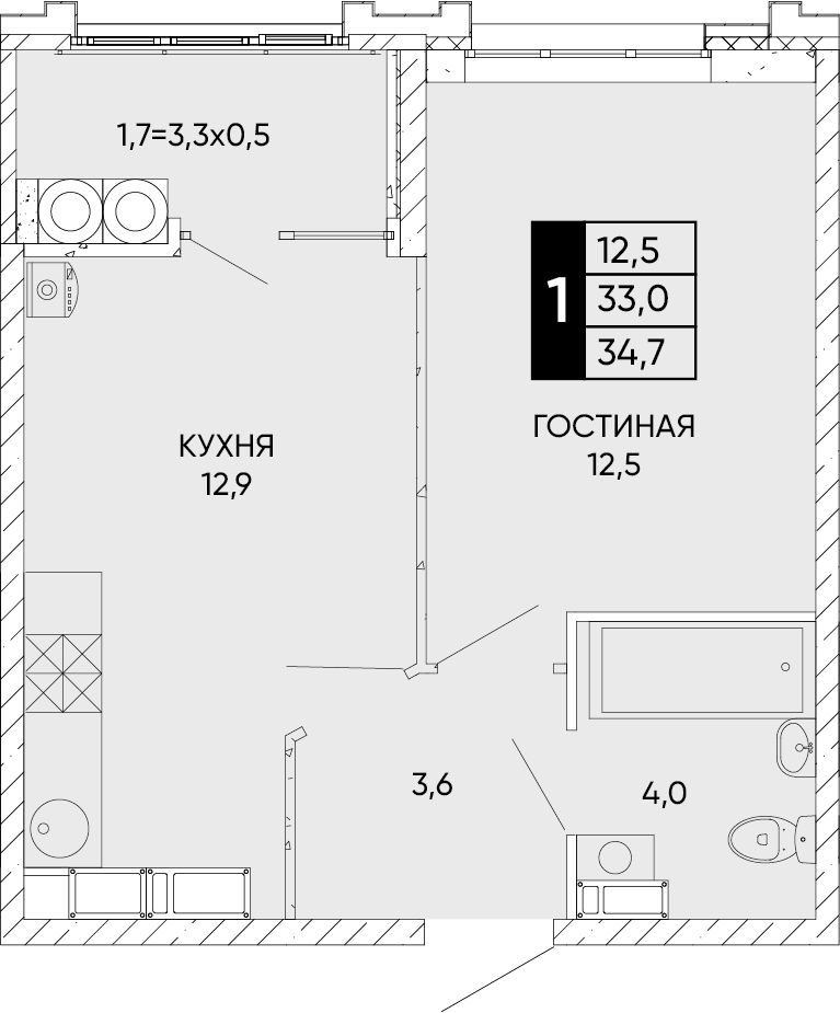 1-комнатная 34 м2 в ЖК Левобережье корпус null этаж 22