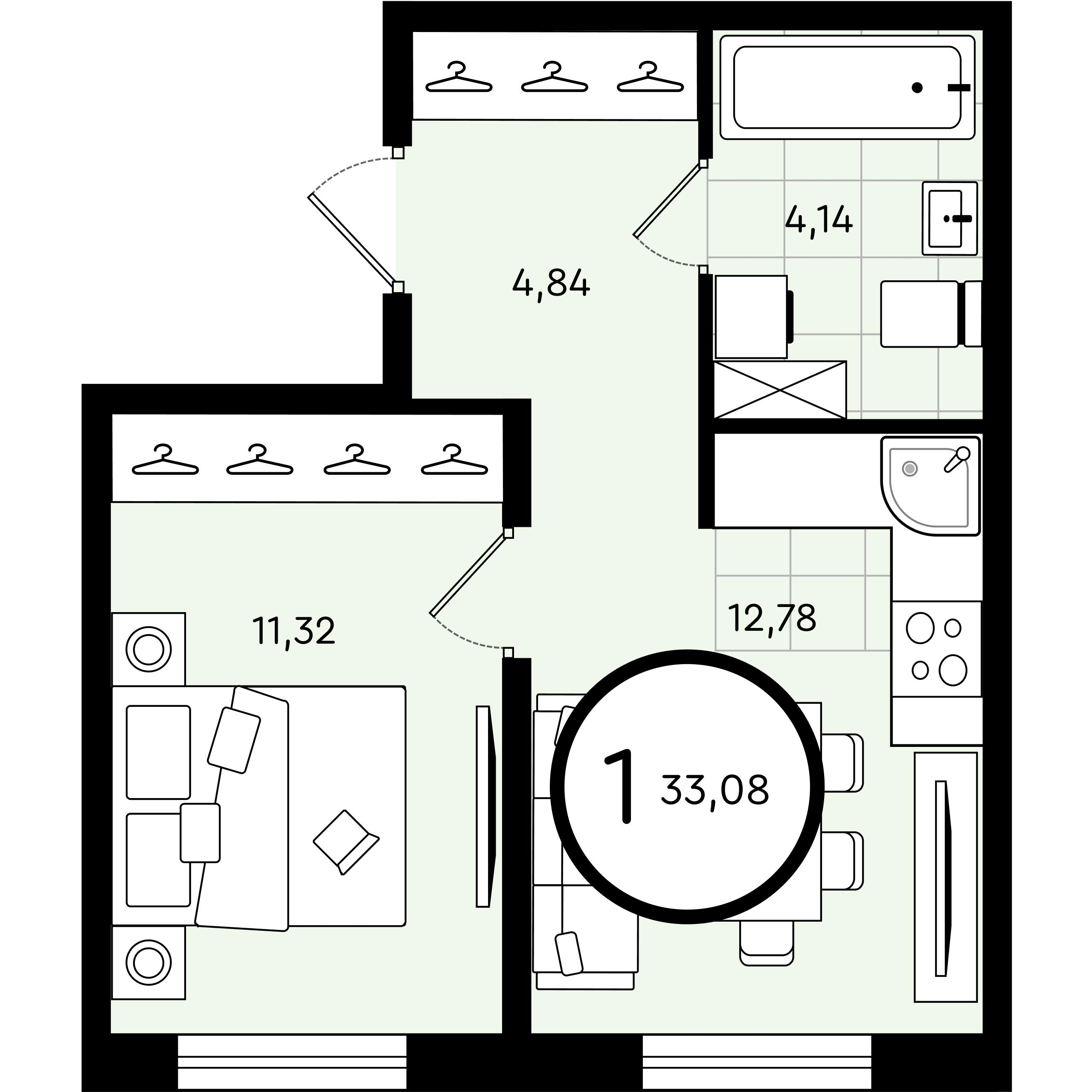 1-комнатная 33 м2 в ЖК Зеленые Аллеи корпус null этаж 2