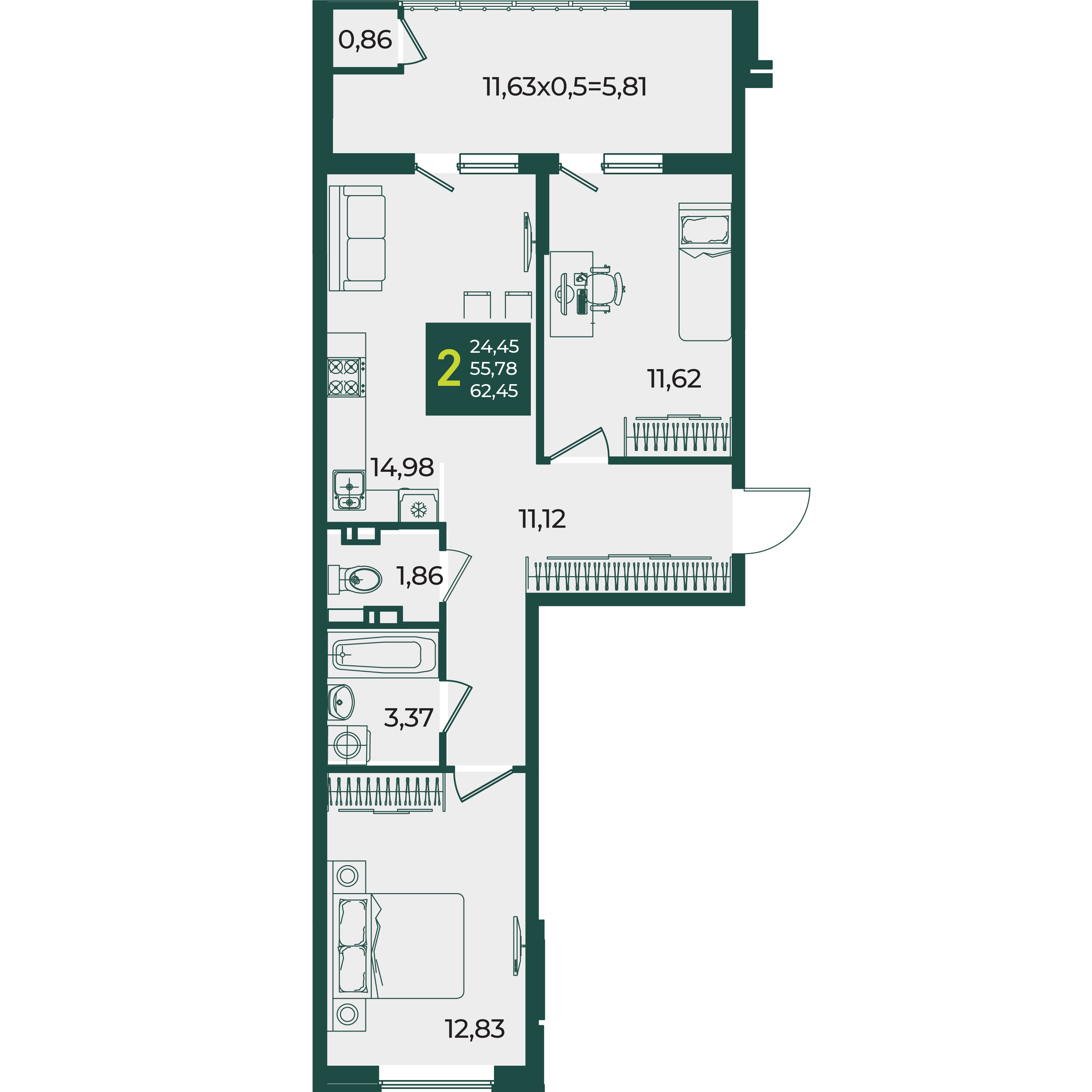 2-комнатная 62 м2 в ЖК Образцово корпус null этаж 7