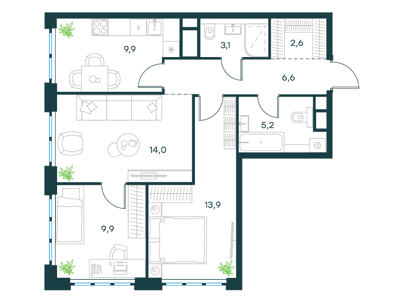3-комнатная 65 м2 в ЖК Level Южнопортовая корпус null этаж 9