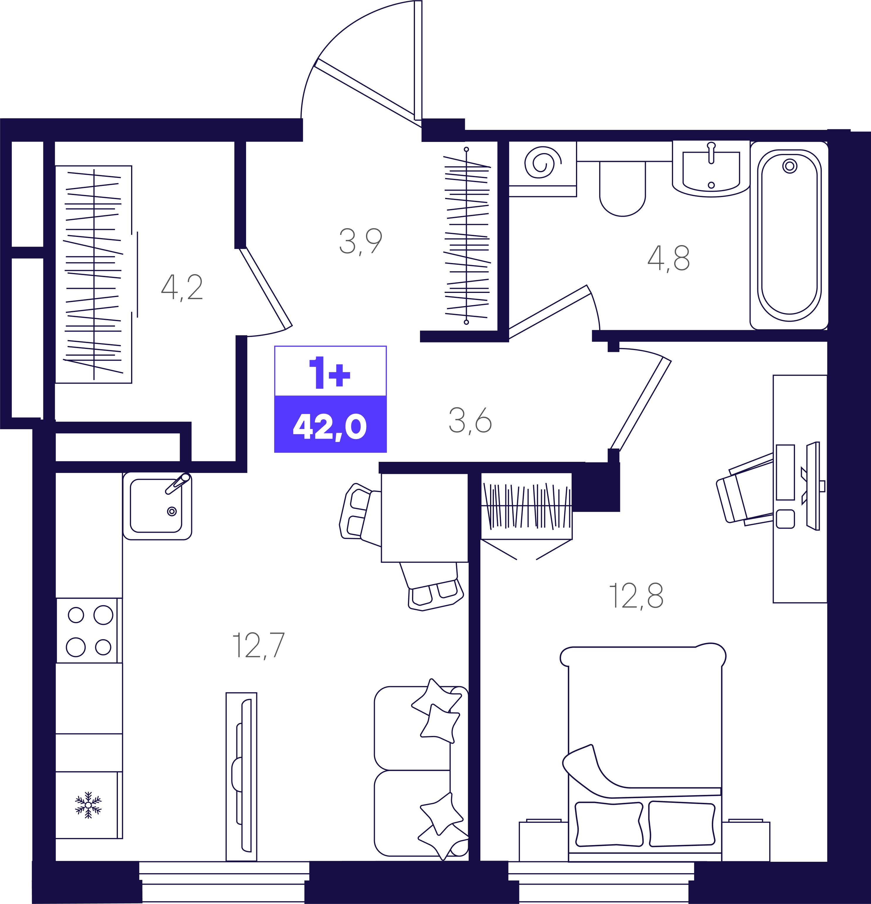 1-комнатная 42 м2 в ЖК Отличие корпус null этаж 1