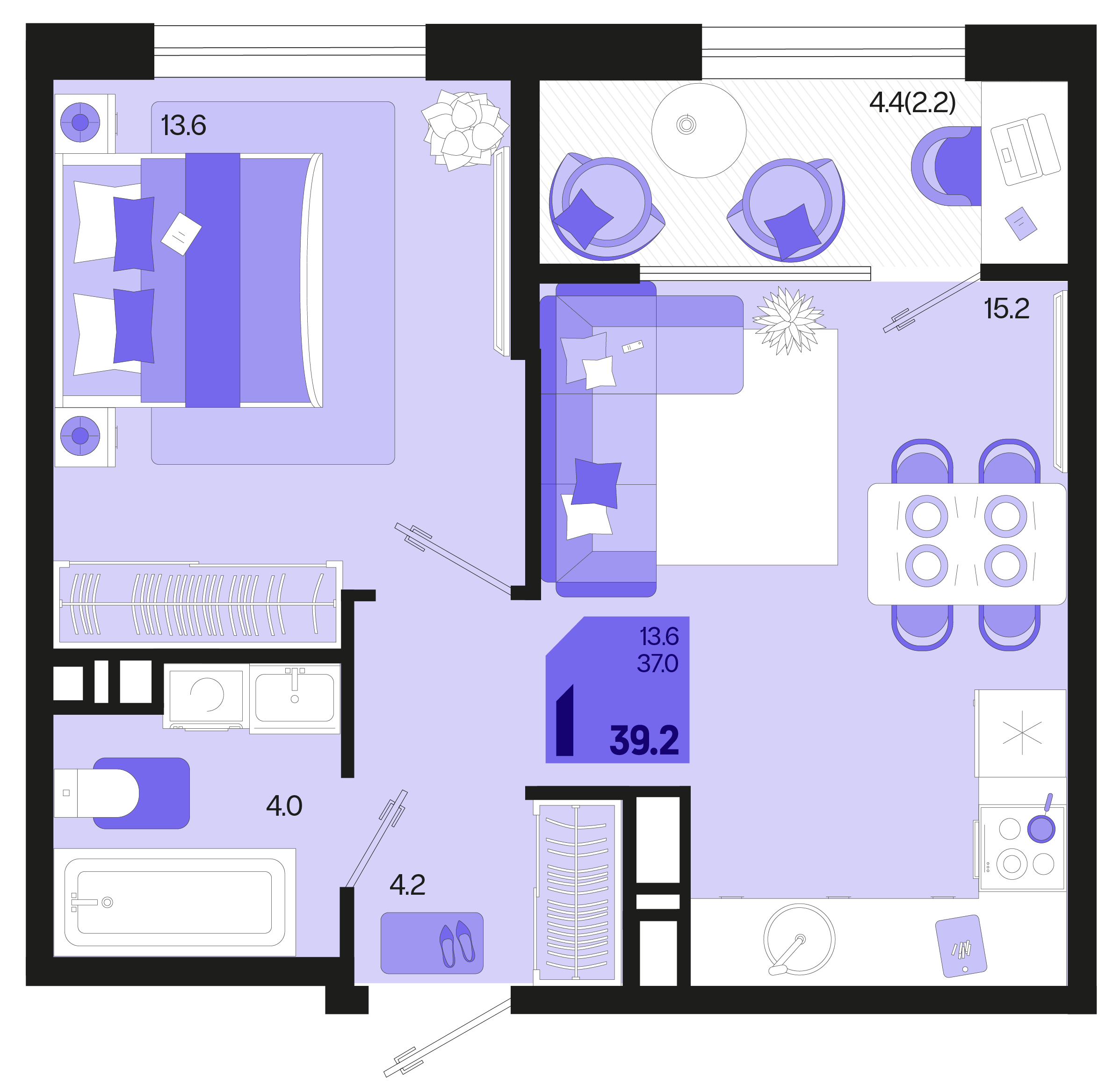 1-комнатная 39 м2 в ЖК Первое место корпус null этаж 15