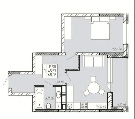1-комнатная 48 м2 в ЖК undefined корпус null этаж 4