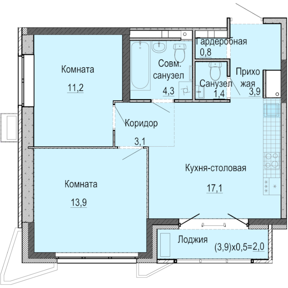 2-комнатная 57 м2 в ЖК А14 корпус null этаж 9