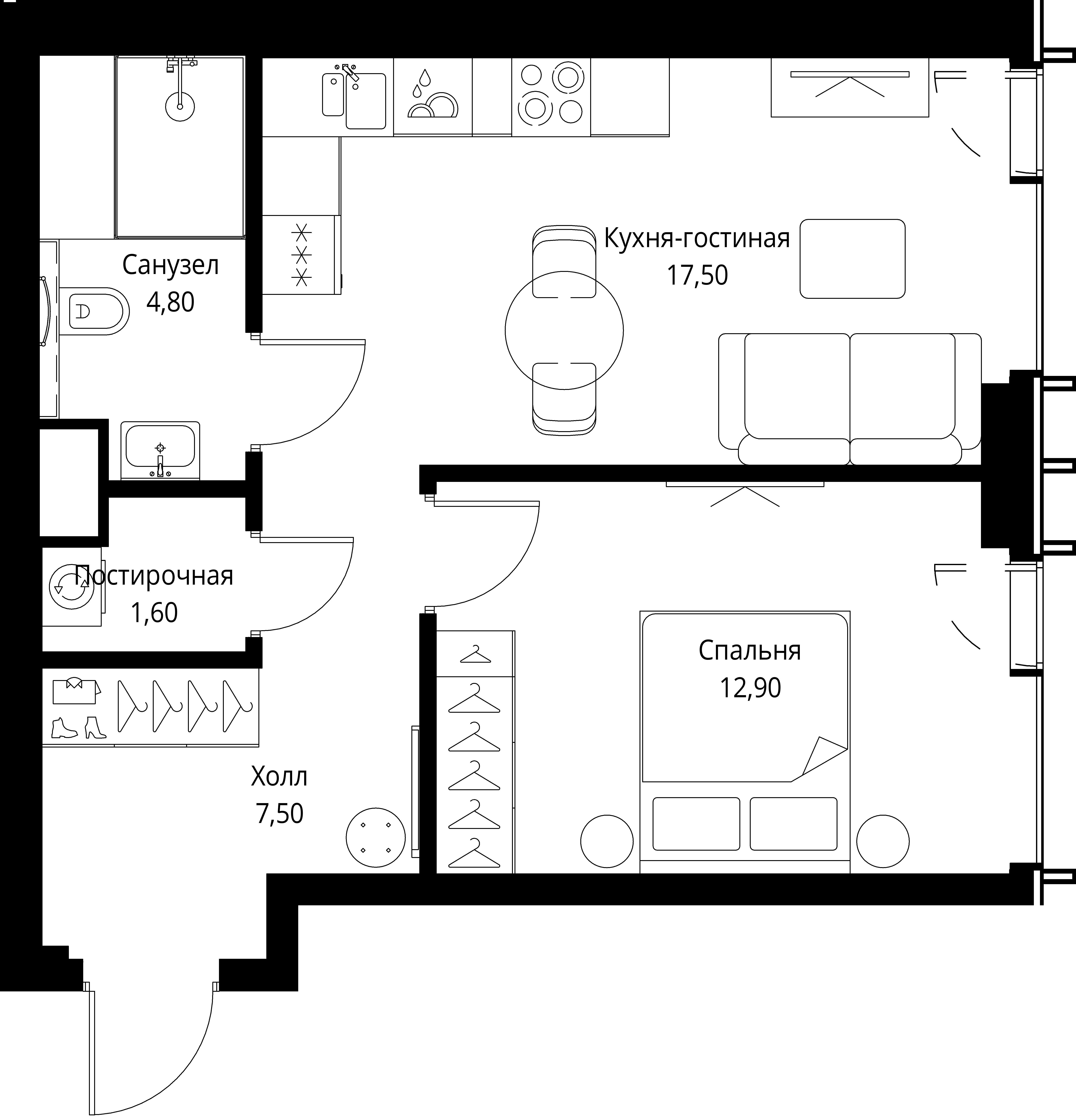 1-комнатная 45 м2 в ЖК VEER корпус null этаж 17