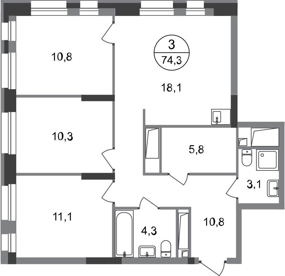 3-комнатная 74 м2 в ЖК Первый Московский корпус null этаж 8