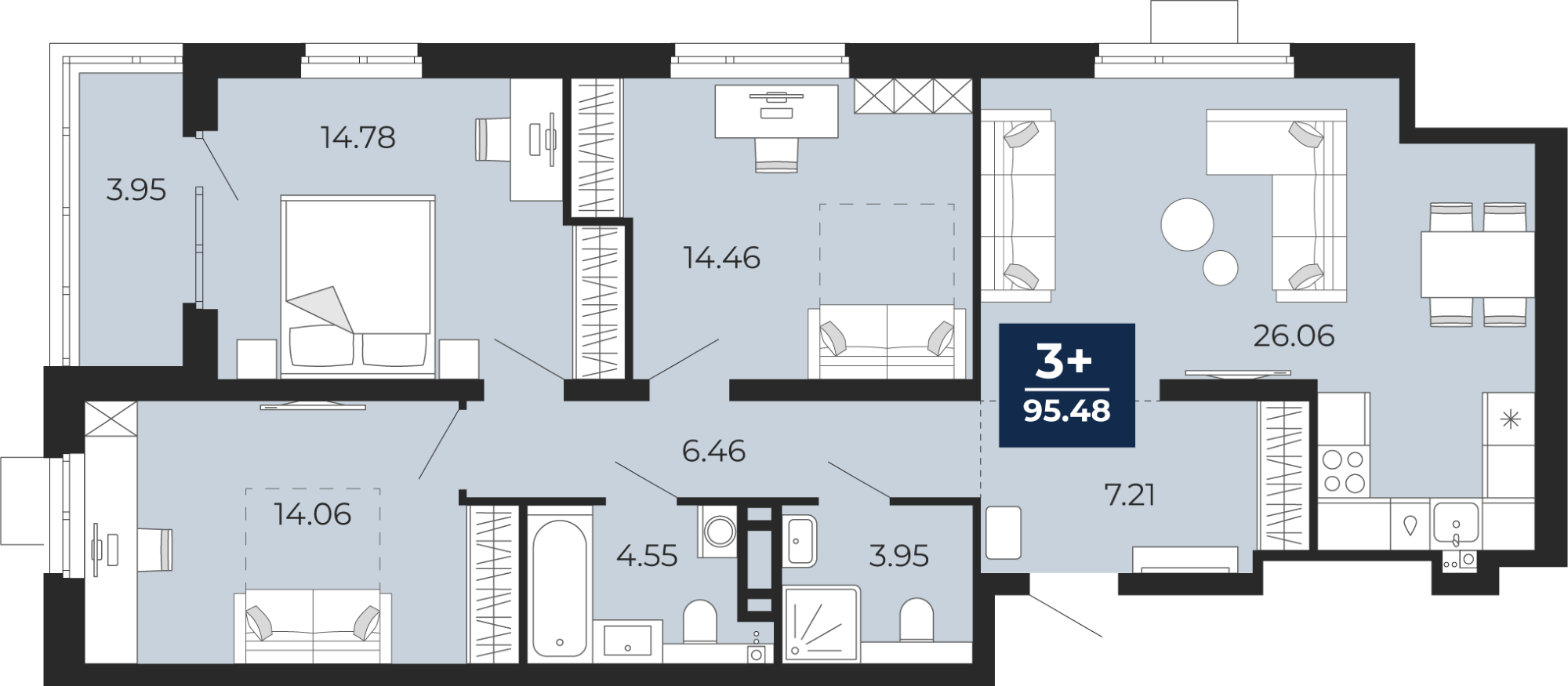 3-комнатная 91 м2 в ЖК Прео корпус null этаж 10