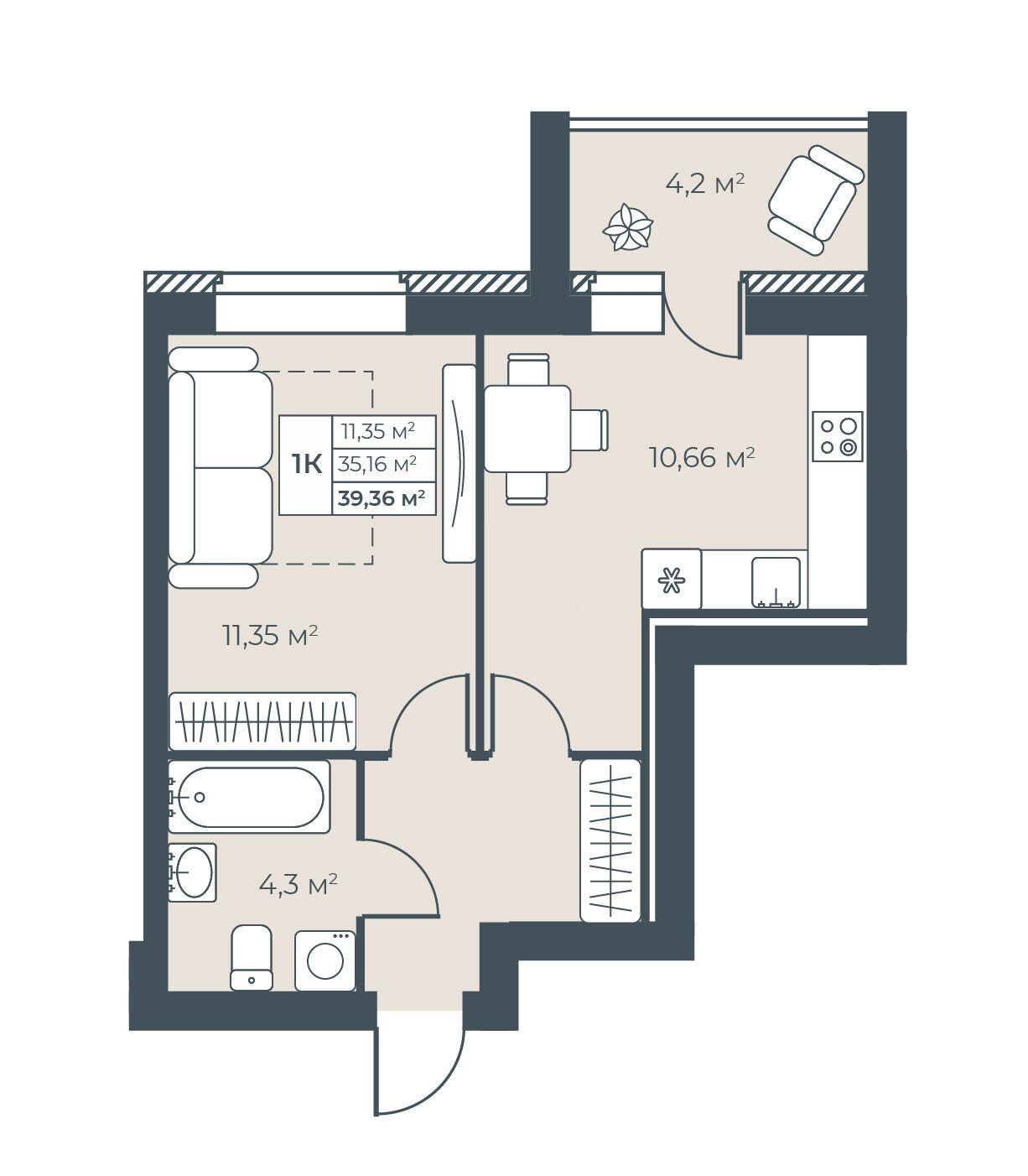 1-комнатная 39 м2 в ЖК Ботаника Парк корпус null этаж 3