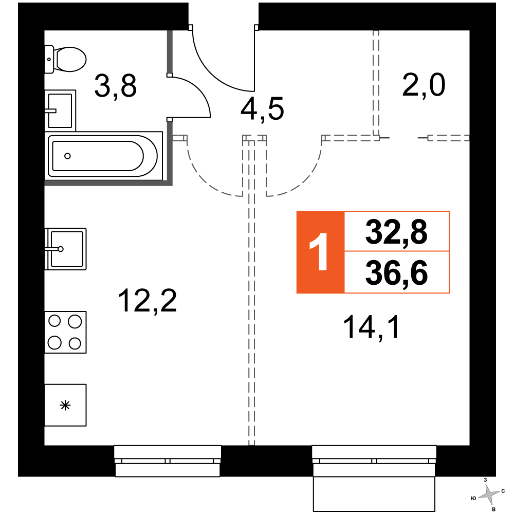 1-комнатная 36 м2 в ЖК Дубровицы Клаб корпус null этаж 3
