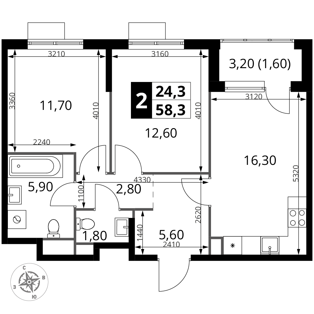 2-комнатная 58 м2 в ЖК 1-й Химкинский корпус null этаж 4