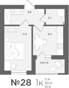 1-комнатная 30 м2 в ЖК МС18 корпус null этаж 4