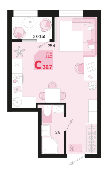 Студия 30.7 м2 в ЖК undefined корпус null этаж 2