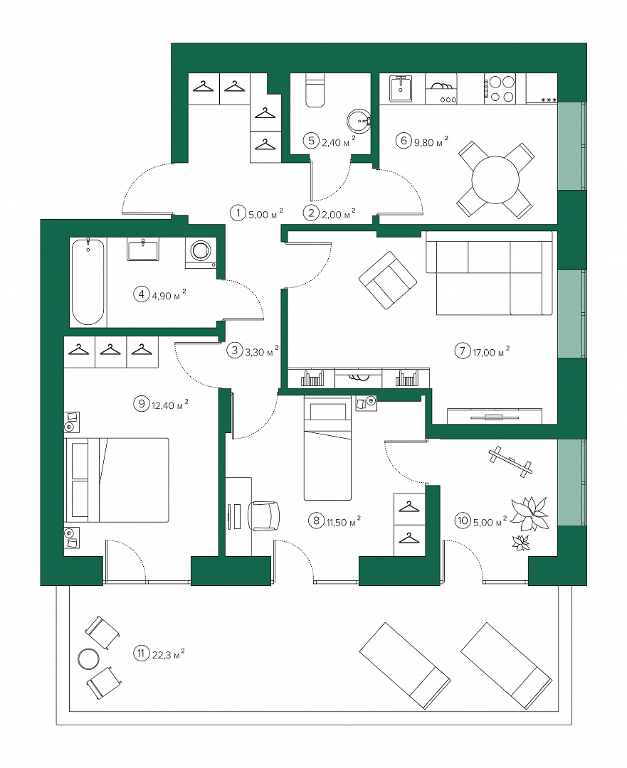 3-комнатная 77.5 м2 в ЖК undefined корпус null этаж 2