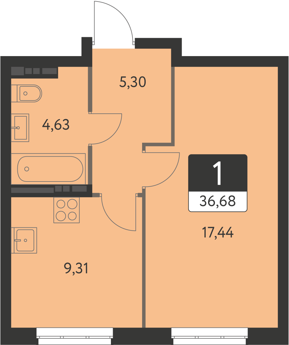 1-комнатная 36 м2 в ЖК Спутник-1 корпус null этаж 6