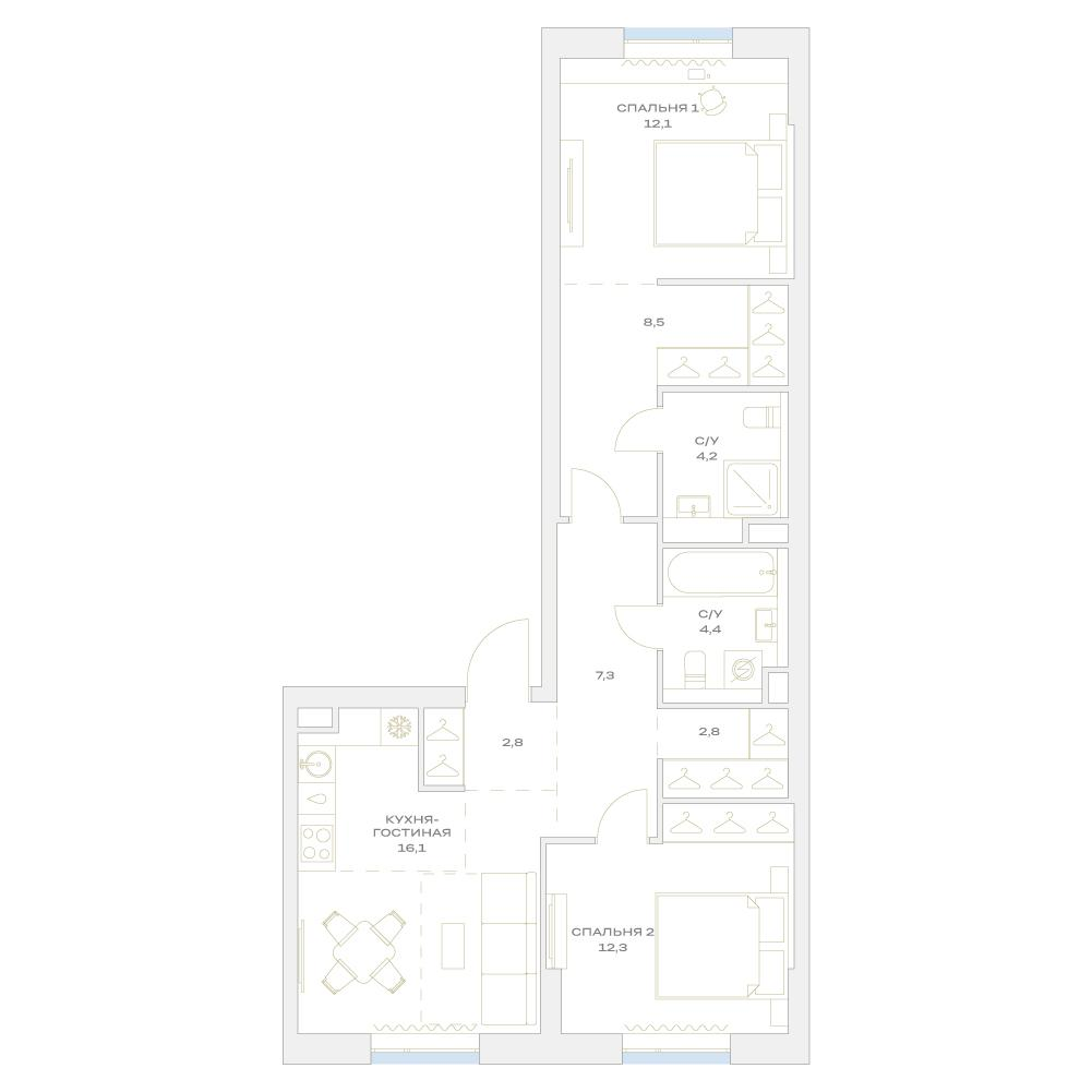3-комнатная 70 м2 в ЖК Детали корпус null этаж 2