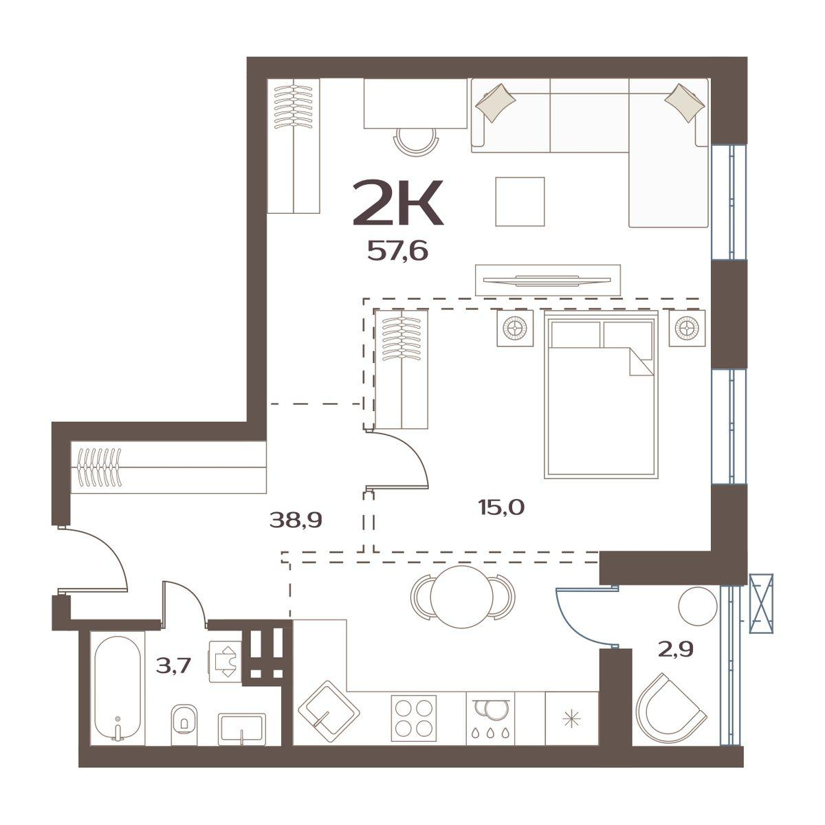 2-комнатная 57 м2 в ЖК Меридианы Улисса корпус null этаж 22