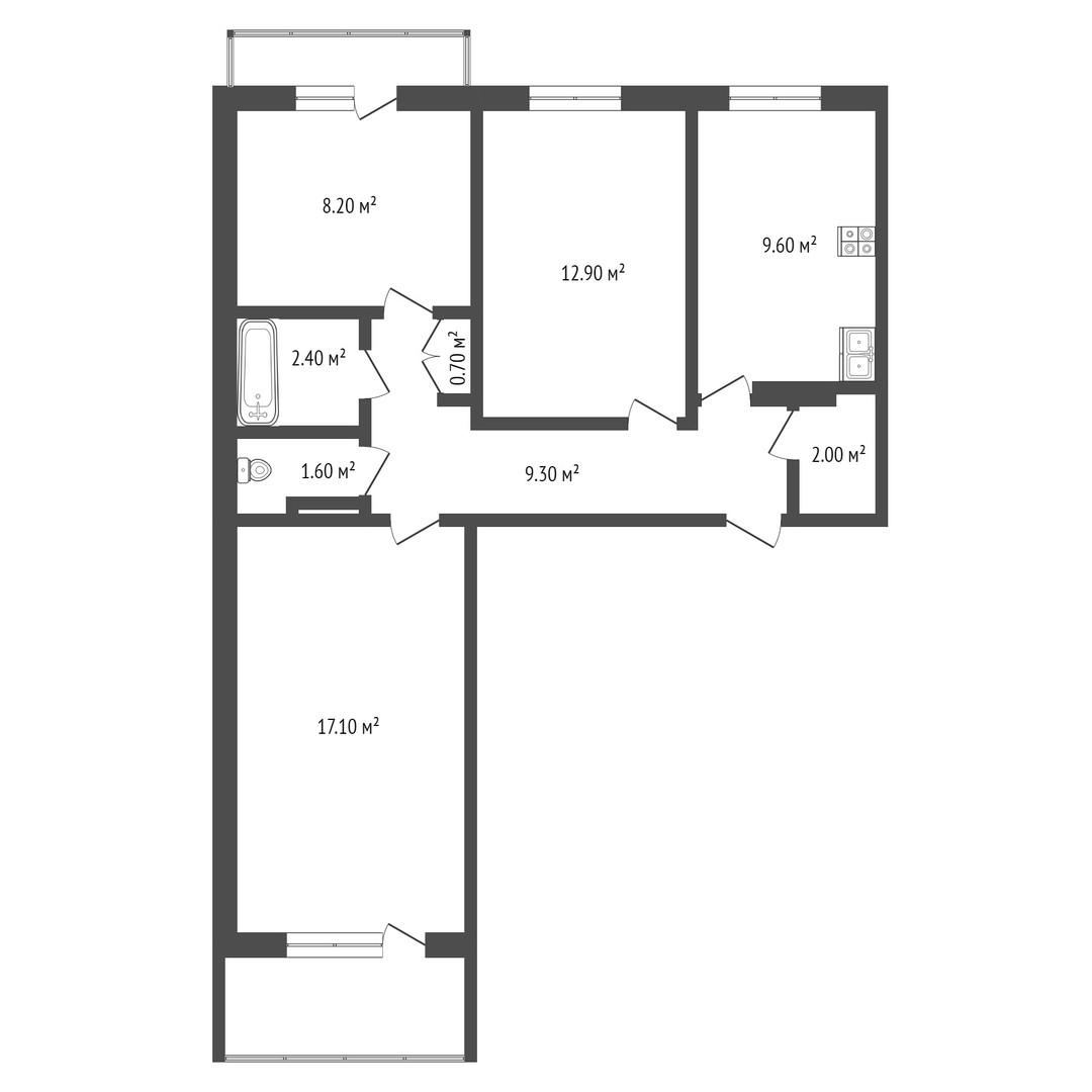 3-комнатная 63.8 м2 в ЖК undefined корпус null этаж 9