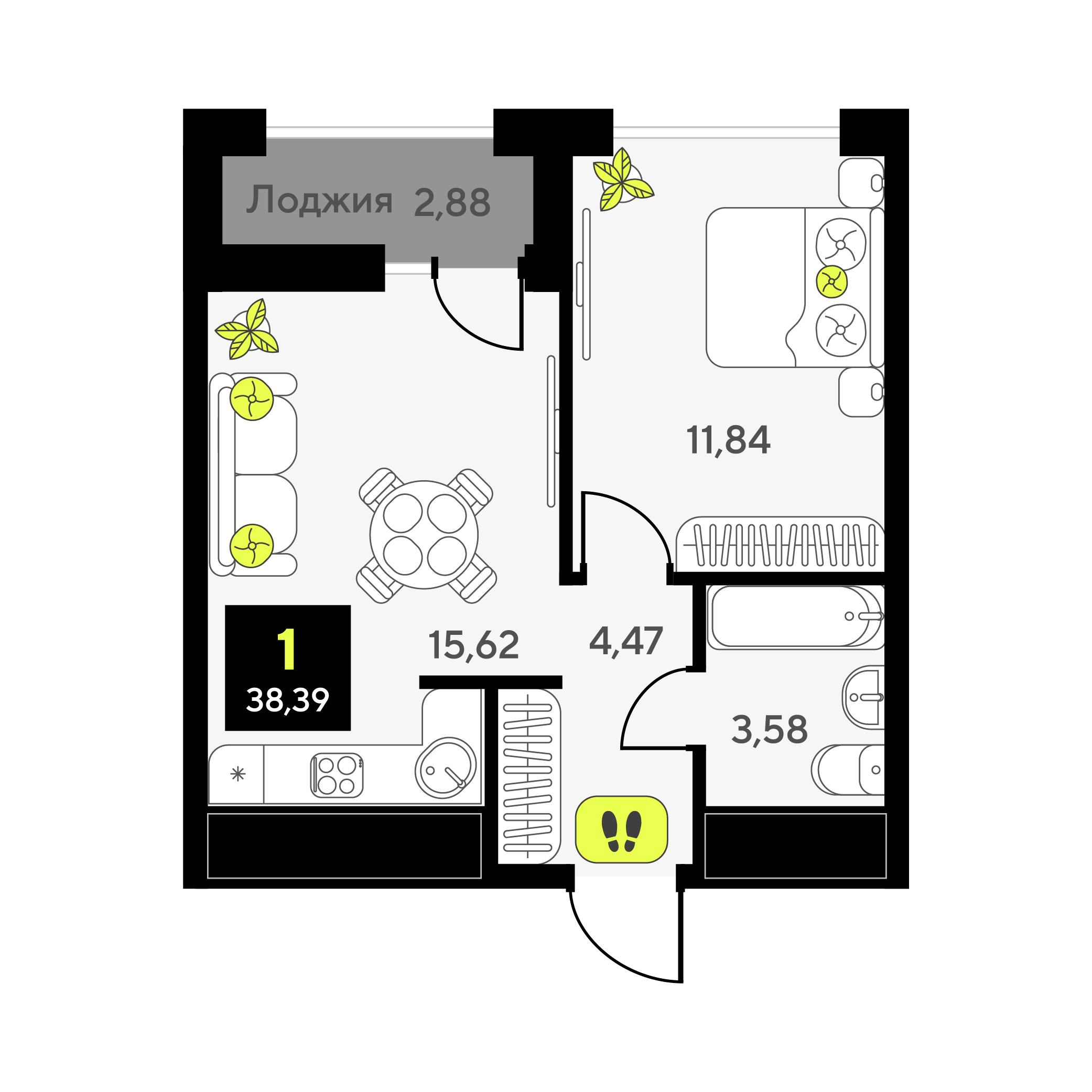 1-комнатная 38 м2 в ЖК Мотивы корпус null этаж 11