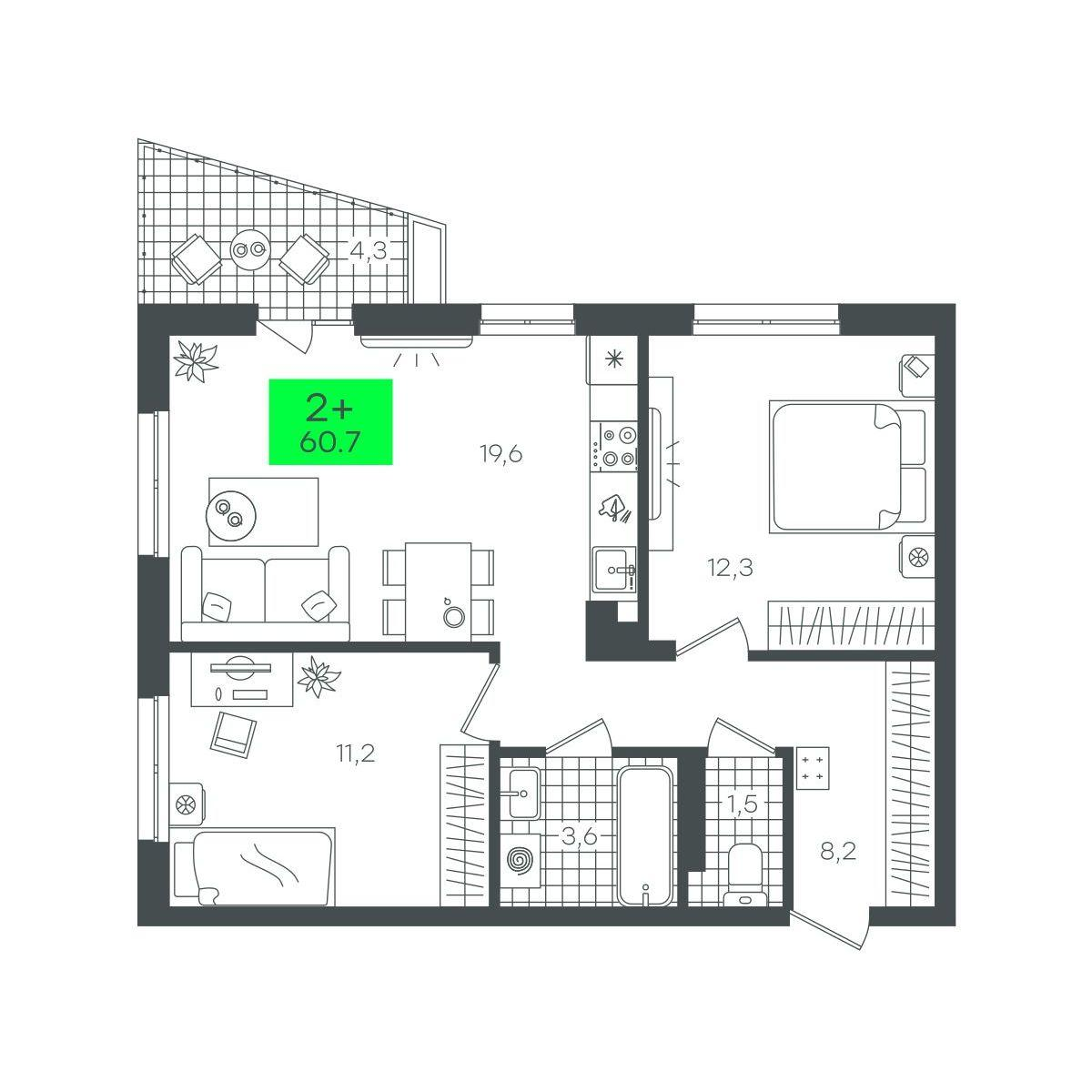 2-комнатная 60 м2 в ЖК Сезоны корпус null этаж 2