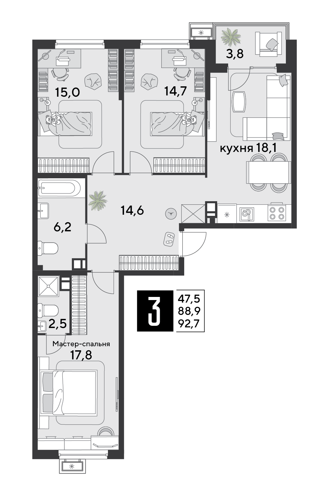 3-комнатная 93 м2 в ЖК Парк Победы 2 корпус null этаж 3