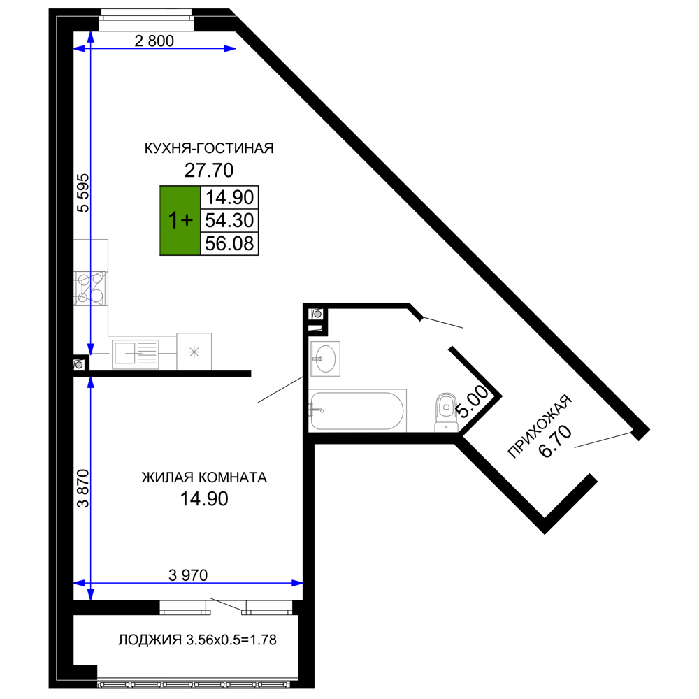 1-комнатная 57 м2 в ЖК Сегодня корпус null этаж 1