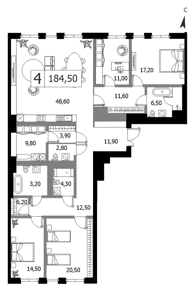 3-комнатная 189 м2 в ЖК DUO корпус null этаж 2