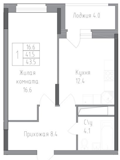 1-комнатная 43.5 м2 в ЖК undefined корпус null этаж 3