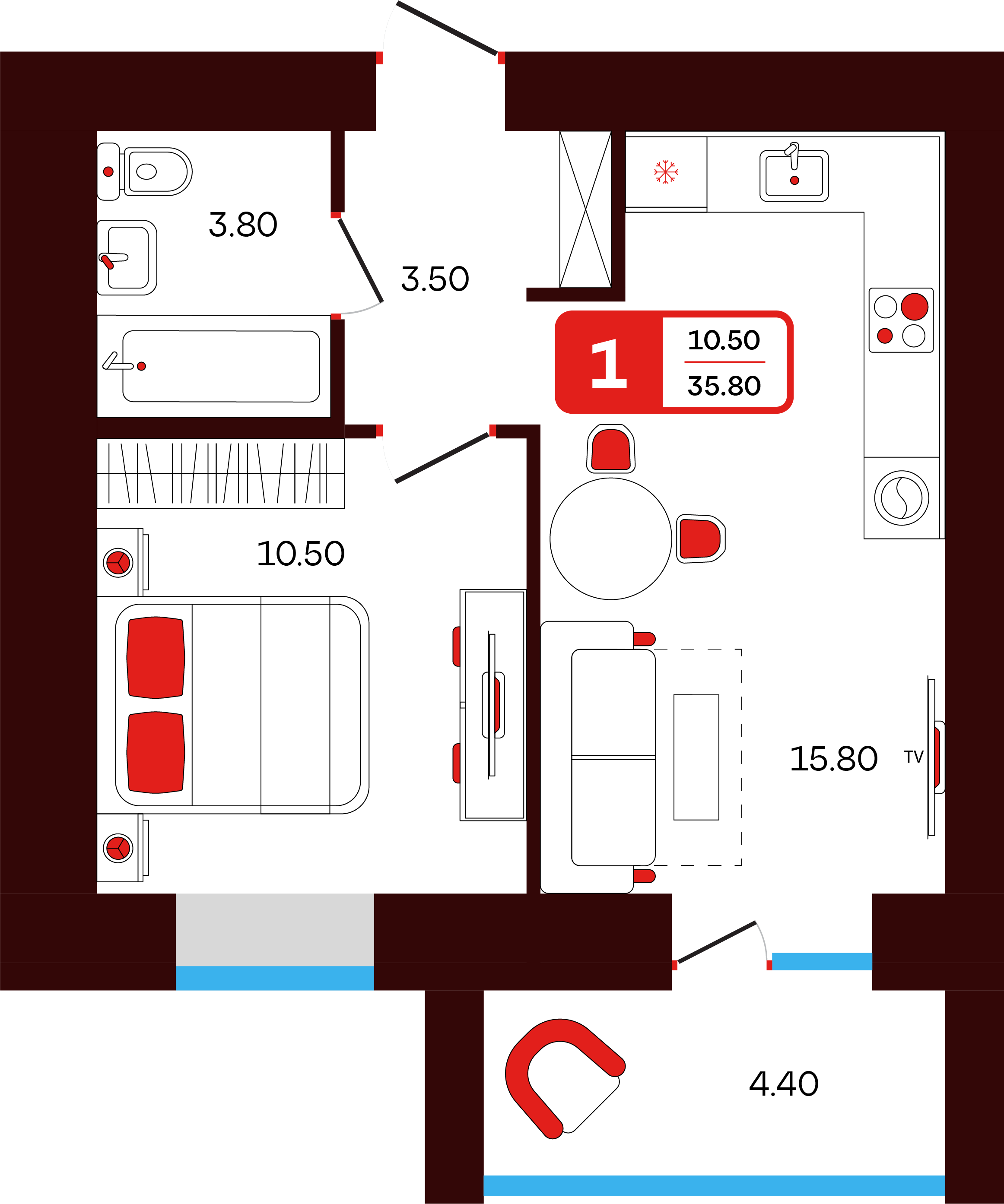 1-комнатная 35 м2 в ЖК Тепло корпус null этаж 5
