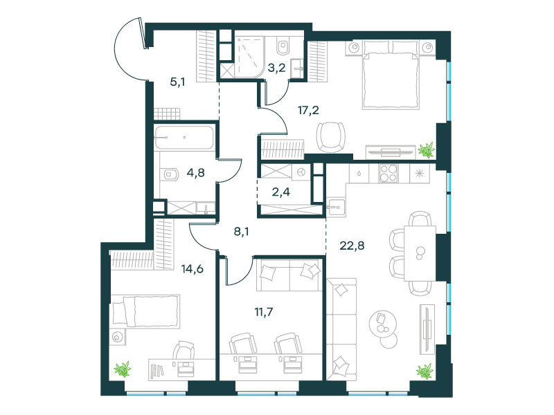 3-комнатная 89 м2 в ЖК Level Войковская корпус null этаж 6