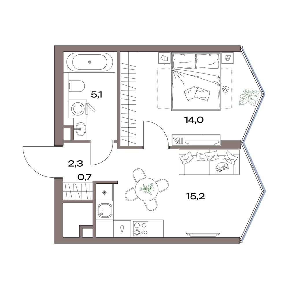 2-комнатная 37 м2 в ЖК Акценты корпус null этаж 27